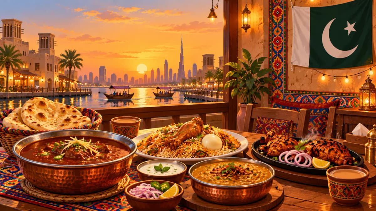Illustration of a Pakistani food spread with nihari, biryani and BBQ on a restaurant table in Dubai