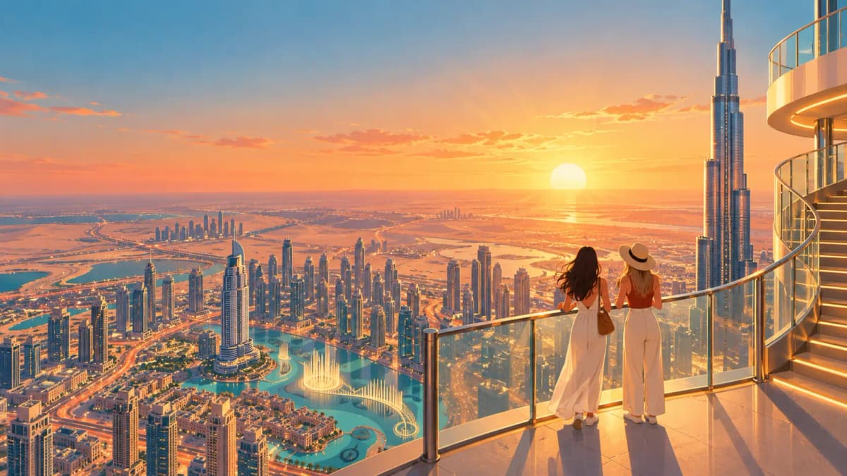 Illustration of the view from Burj Khalifa level 124 with tiny buildings below and the sun over Dubai