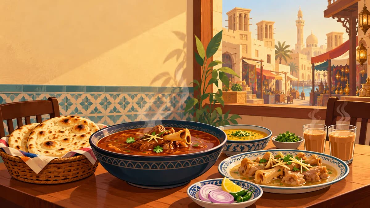 Illustration of a desi breakfast with nihari, naan and karak chai at a small restaurant in old Dubai