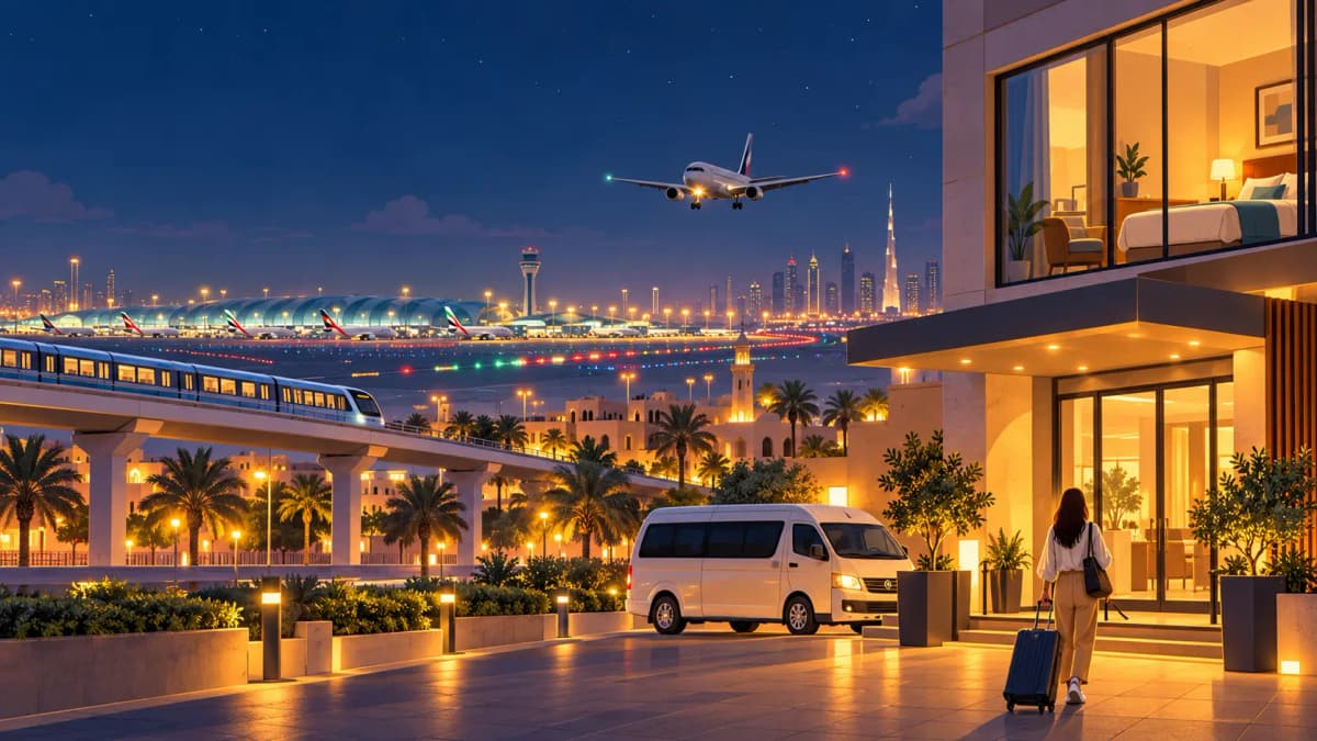Illustration of a budget hotel near Dubai airport at night with a shuttle van and a plane landing