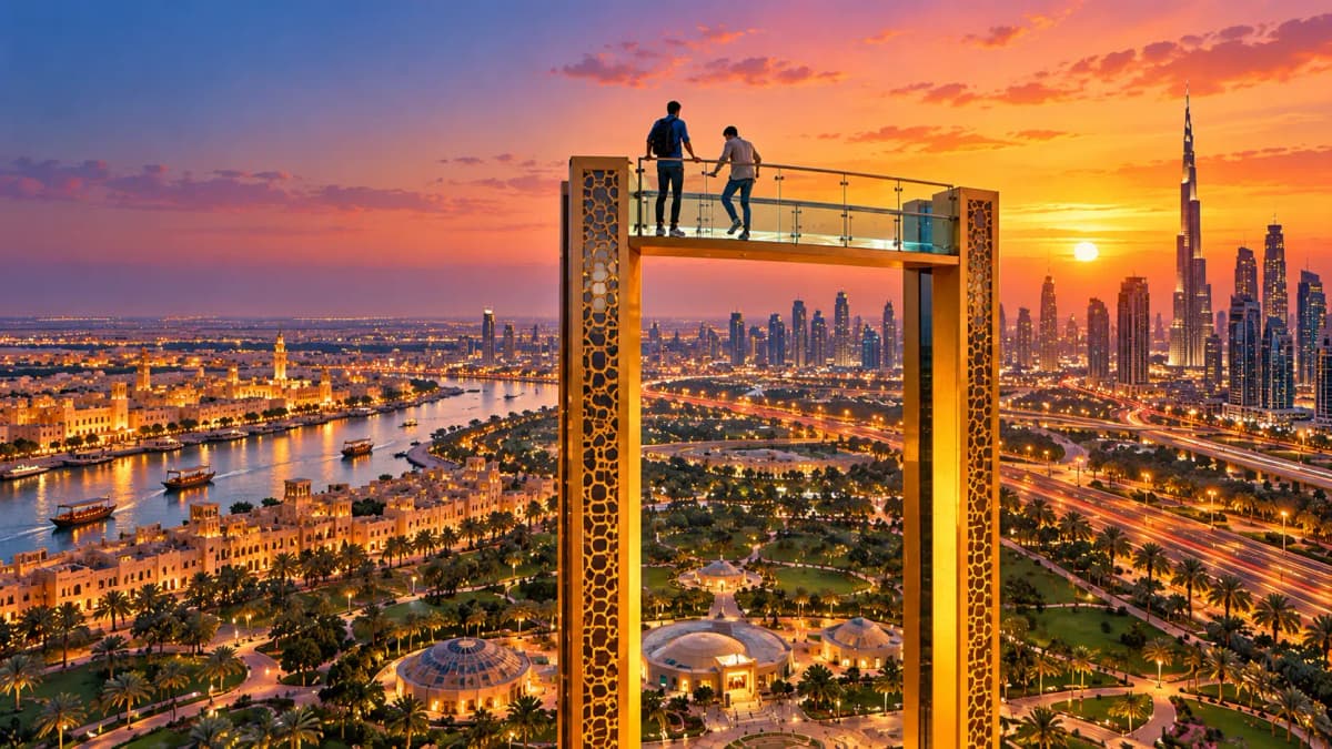 Illustration of the golden Dubai Frame at sunset with old Dubai on one side and Burj Khalifa on the other