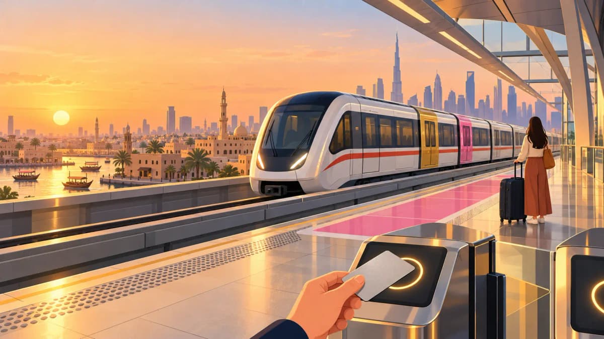 Illustration of a Dubai Metro train at a station with a hand holding a silver Nol card
