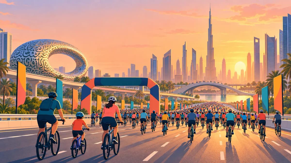 Illustration of thousands of cyclists riding on Sheikh Zayed Road at sunrise during Dubai Ride