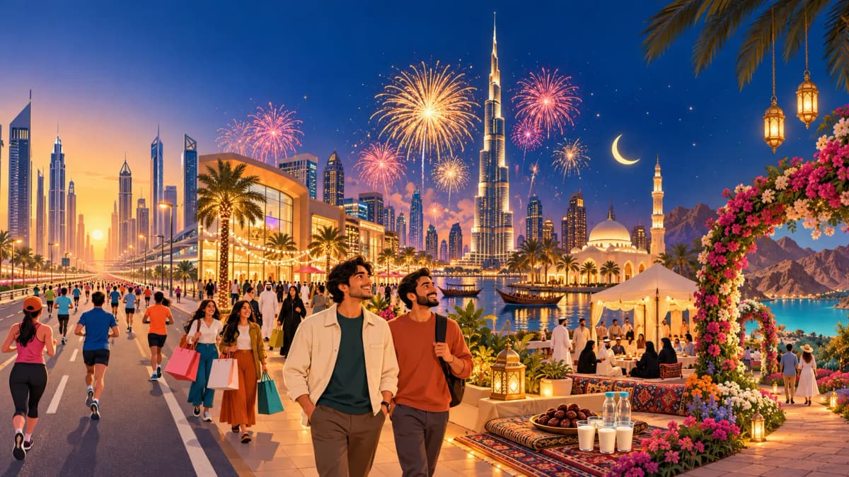 Illustration of Dubai winter events with runners on Sheikh Zayed Road, New Year fireworks over Burj Khalifa and a Ramadan iftar tent by the Creek