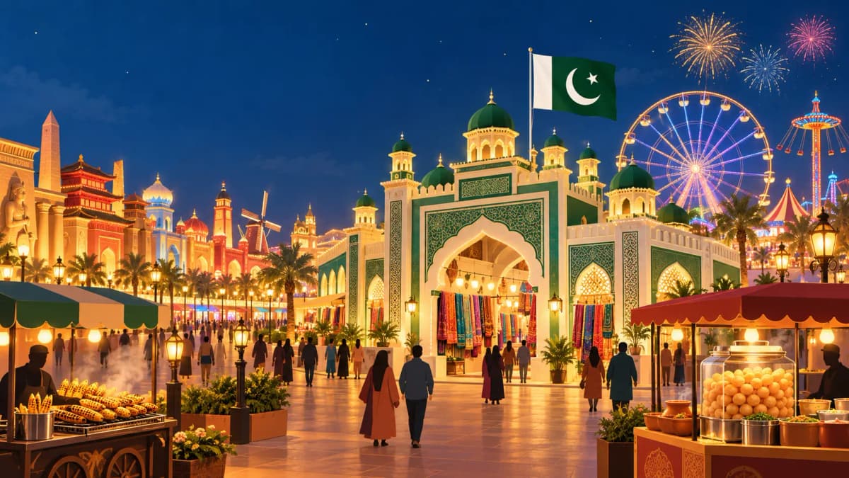 Illustration of Global Village Dubai at night with lit-up pavilions, a Ferris wheel and a Pakistan pavilion