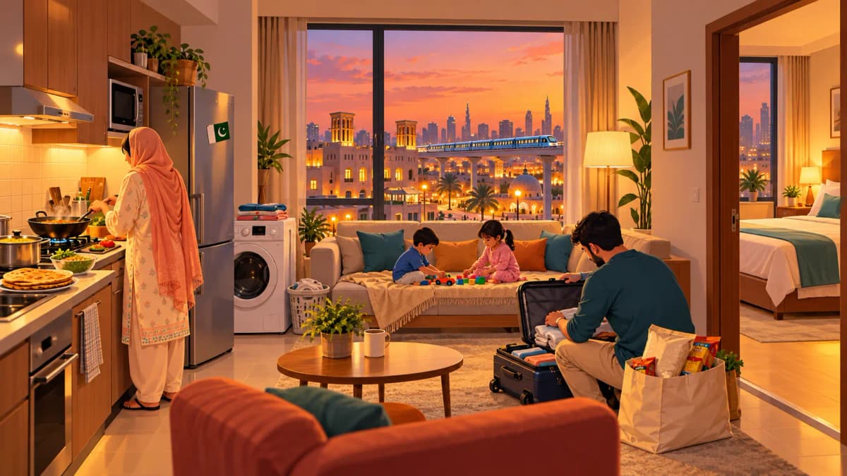 Illustration of a Pakistani family in a cozy Bur Dubai hotel apartment with a kitchen, sofa bed and washing machine