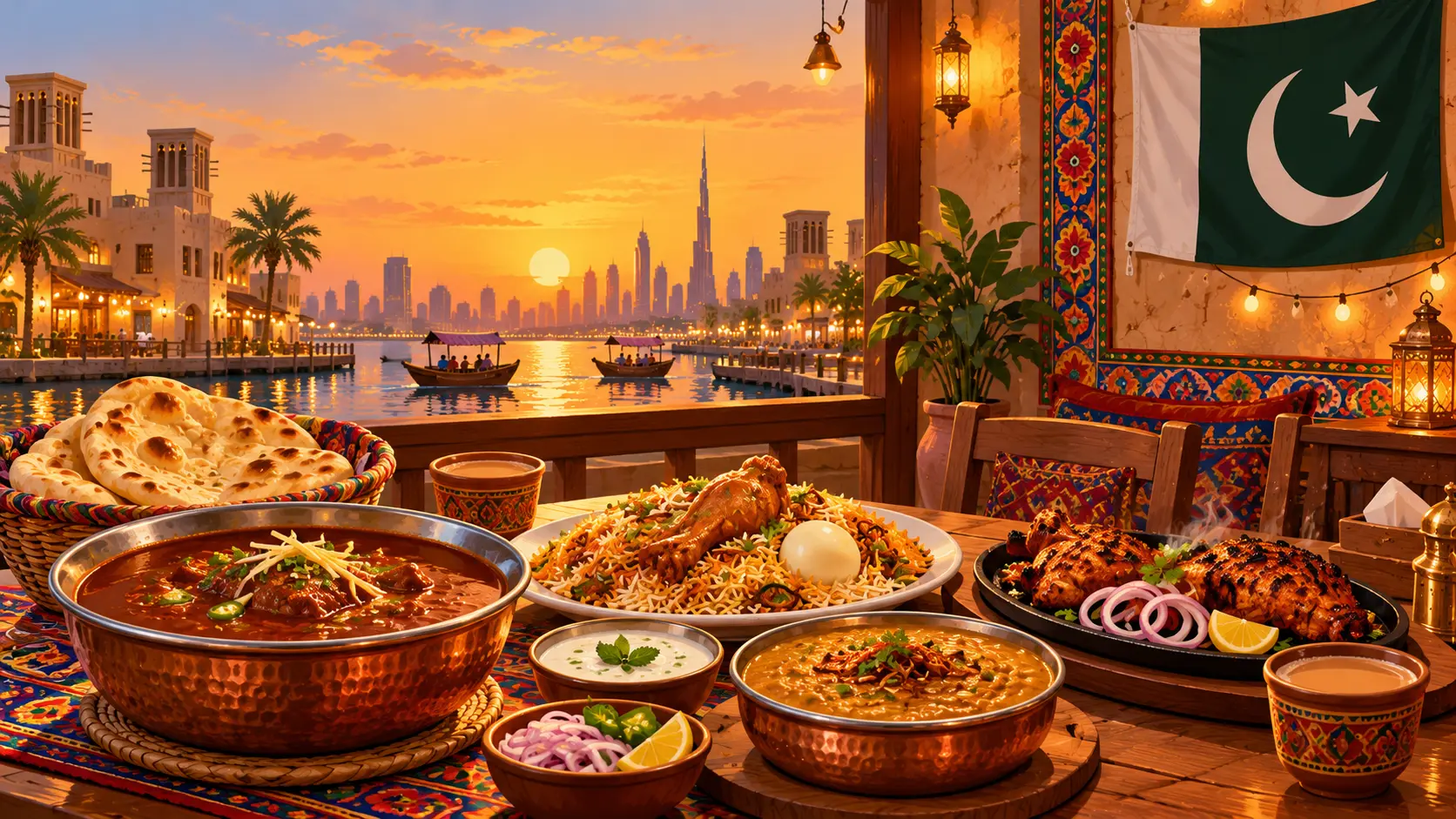 Illustration of a Pakistani food spread with nihari, biryani and BBQ on a restaurant table in Dubai