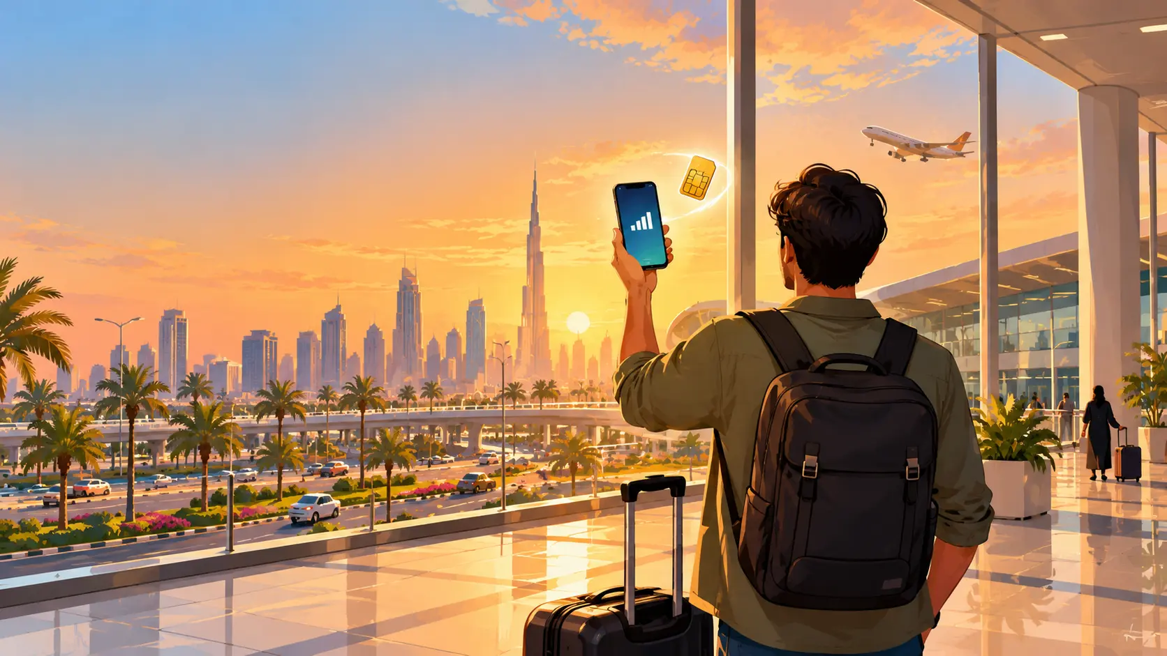 Illustration of a traveller holding a phone with a SIM card at Dubai airport arrivals