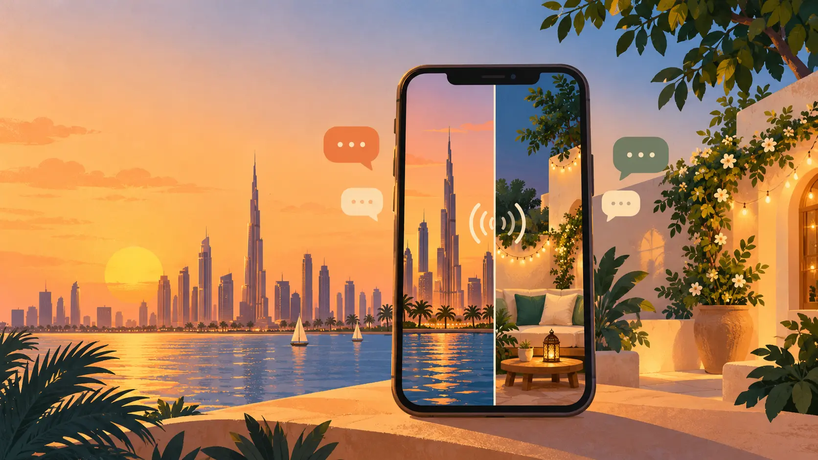 Illustration of a video call between Dubai and Pakistan on a smartphone