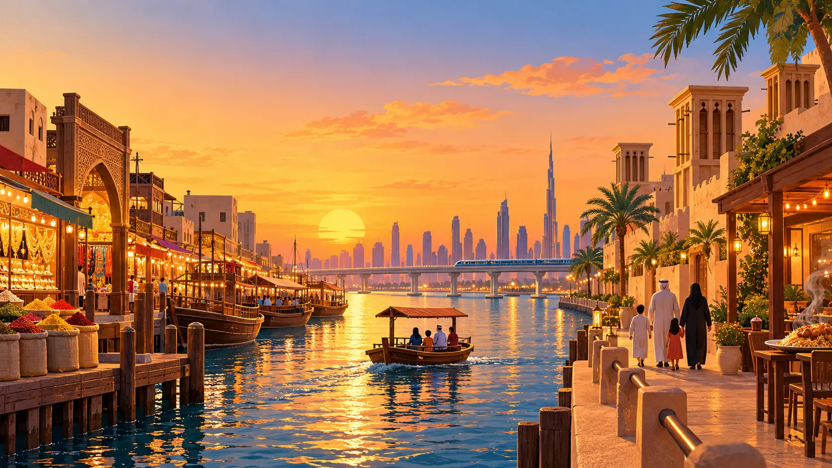 Illustration of Dubai Creek with Deira on one side and Bur Dubai on the other, with an abra crossing between them