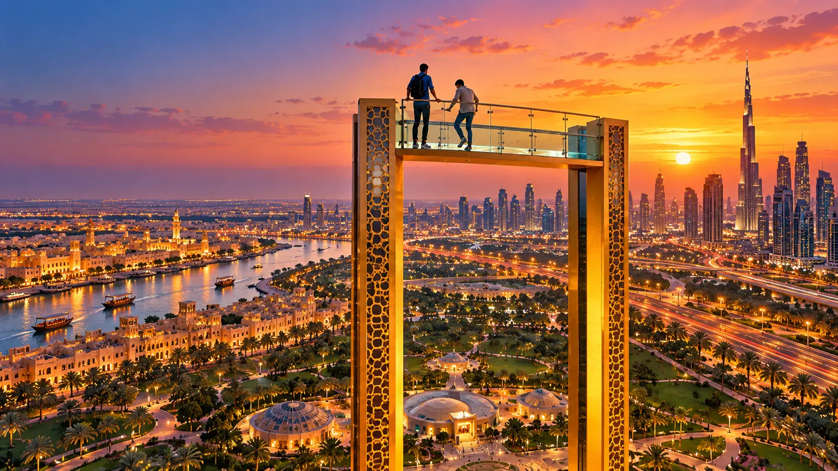 Illustration of the golden Dubai Frame at sunset with old Dubai on one side and Burj Khalifa on the other