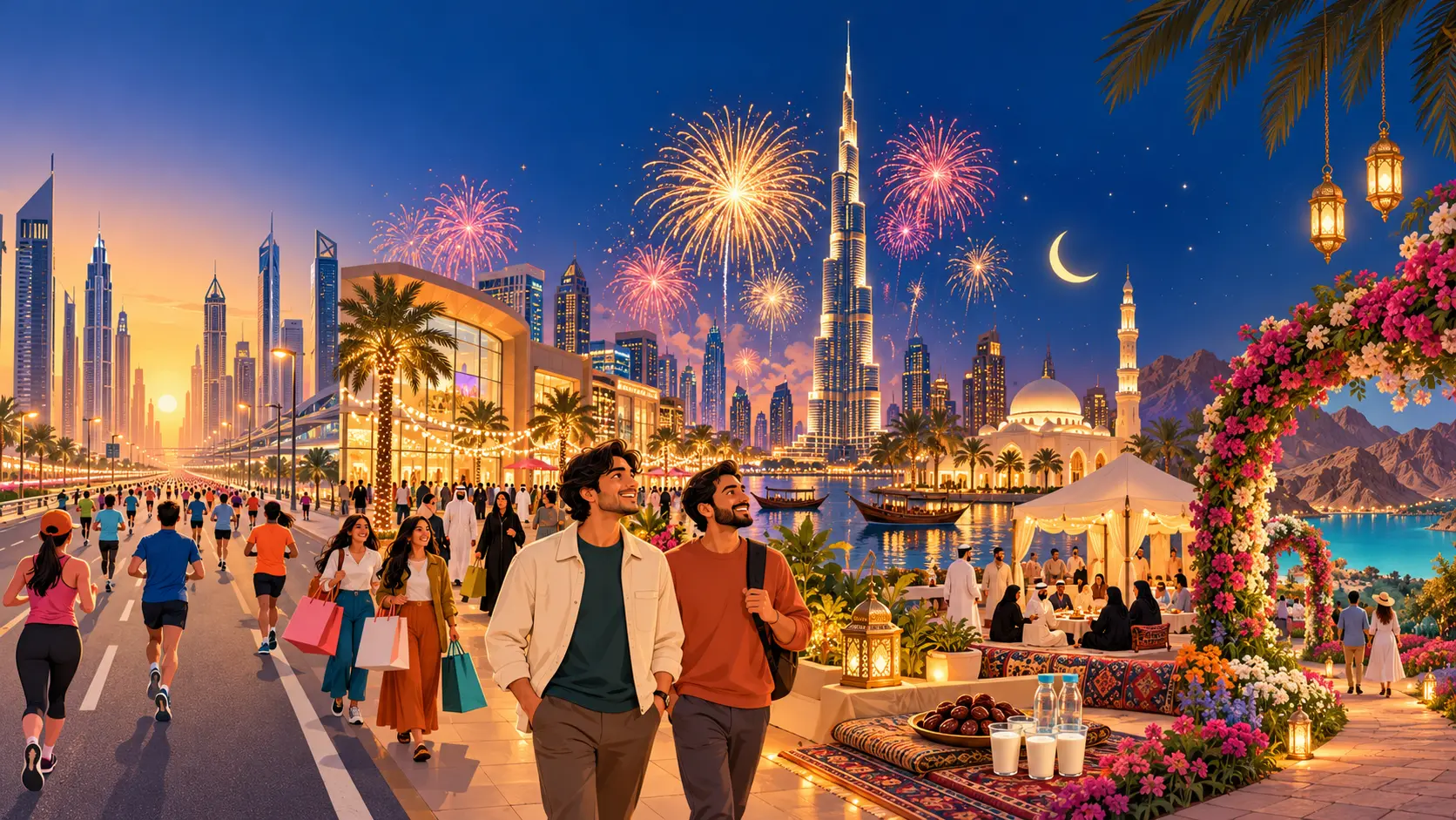 Illustration of Dubai winter events with runners on Sheikh Zayed Road, New Year fireworks over Burj Khalifa and a Ramadan iftar tent by the Creek