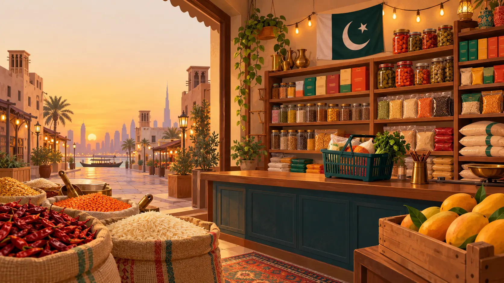 Illustration of a Pakistani grocery store in Dubai with spices, rice, atta and mangoes on the shelves