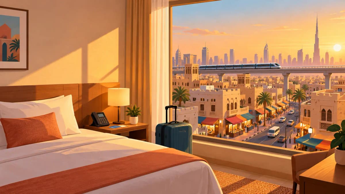Budget hotel room in Bur Dubai with a view of old Dubai streets and the metro line